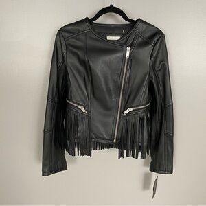 Black Genuine Leather Jacket with Fringe Accents